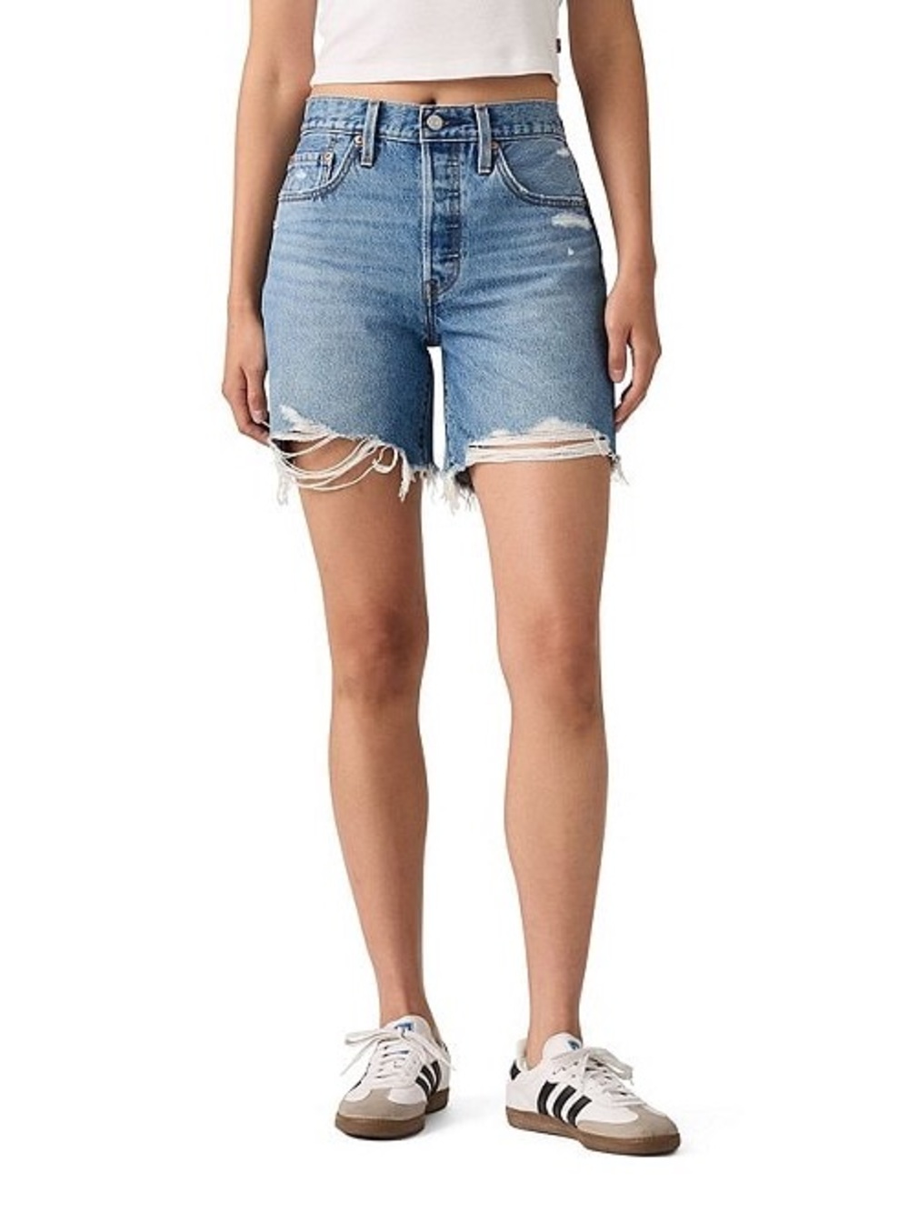 Levi’s 501 Original High Rise Mid-Thigh Denim Cut Off Distressed MidLength Short